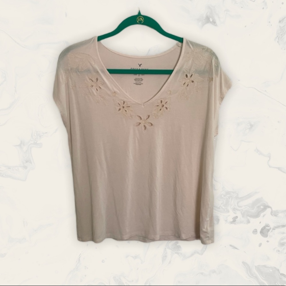 Small Cream Floral Embroidered Tee American Eagle